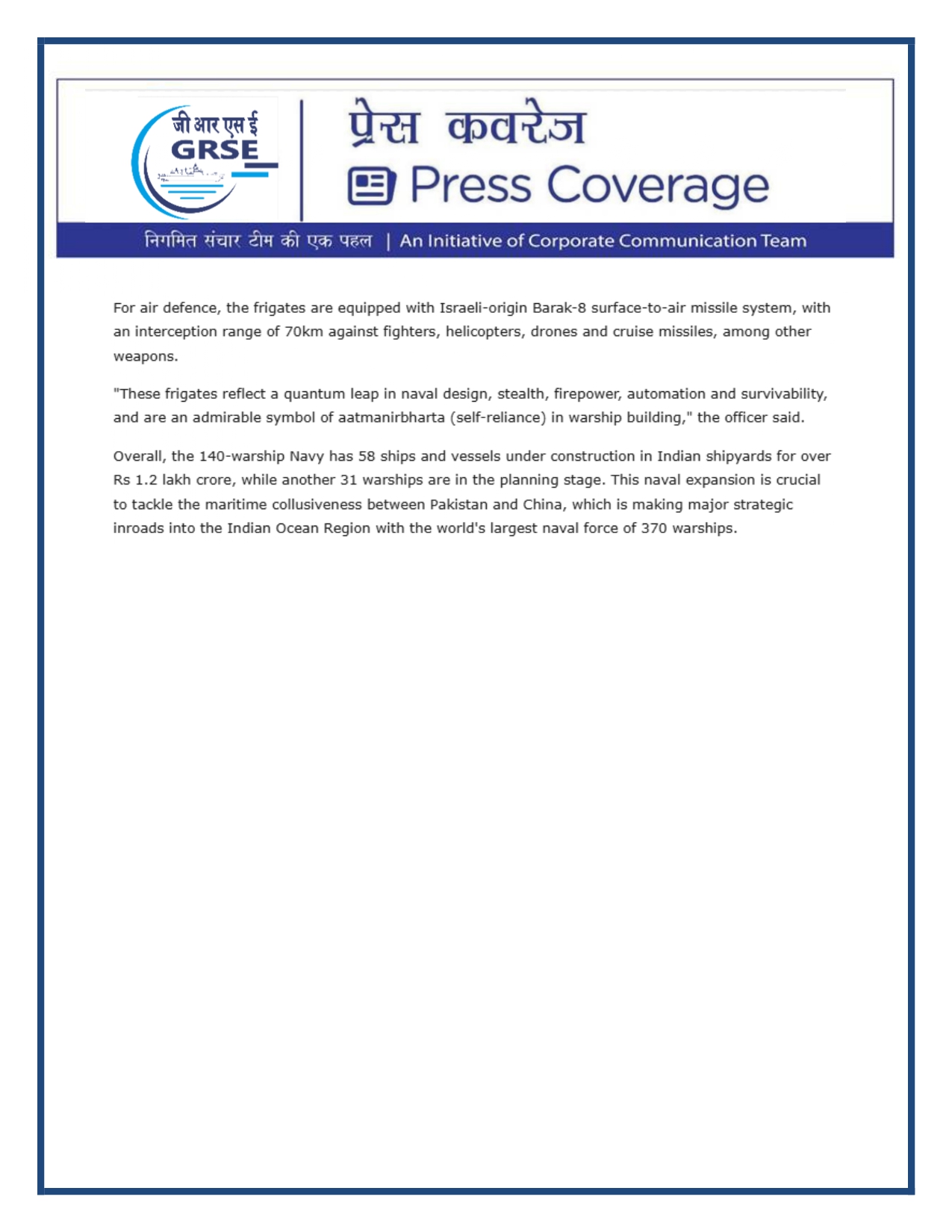 Press Coverage : 1 Aug 25:Another indigenous warship joins Navy